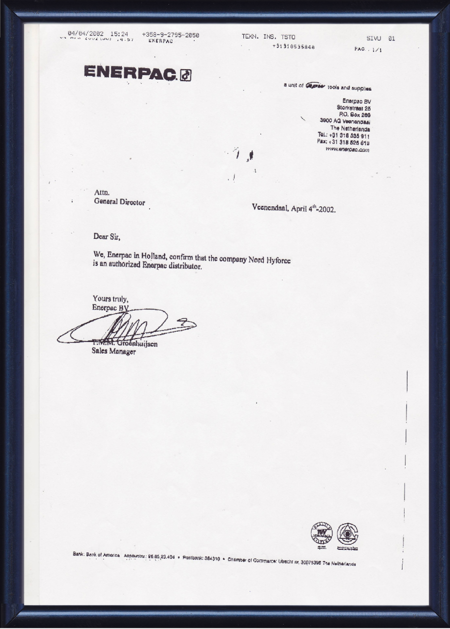 Сертификат Enerpac 2002